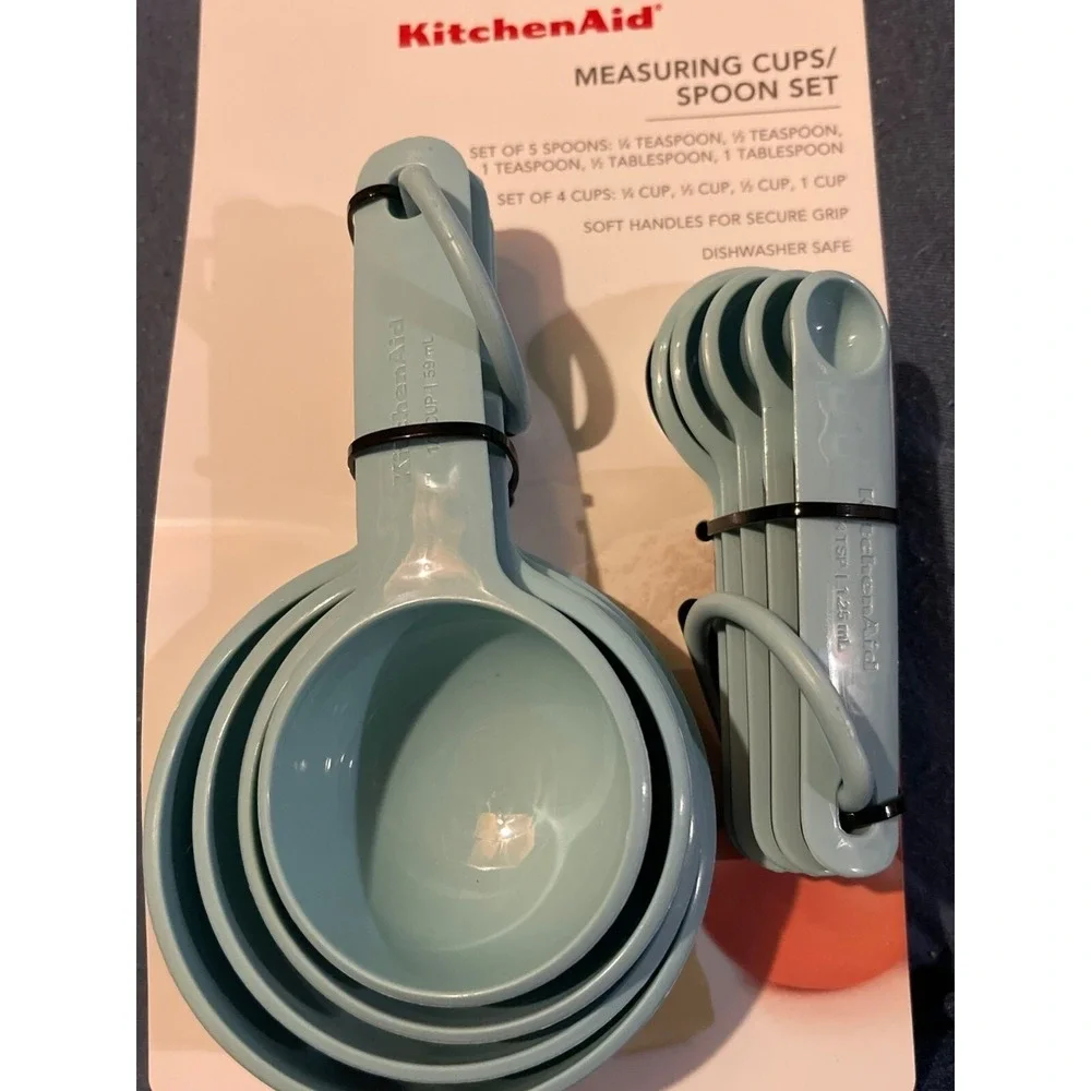 KitchenAid Measuring Cups Spoon‎ Set Aqua Blue Plastic 9pc Dishwasher Safe New